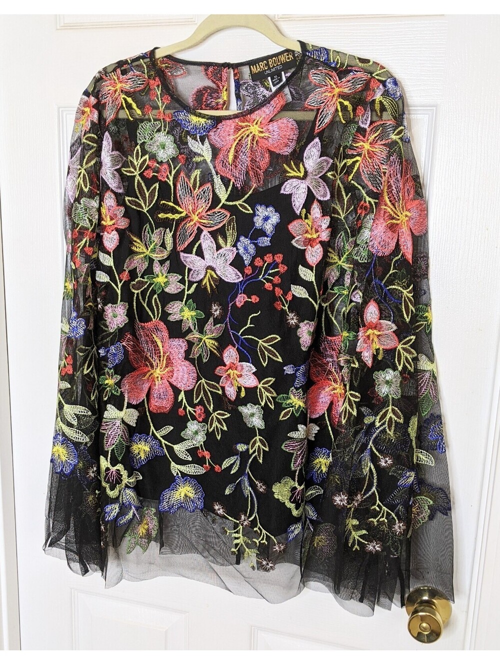Marc Bouwer Unlimited Black Sheer Floral Embroidered Mesh Tunic Blouse Sz XL NEW